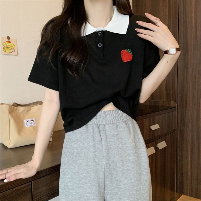 Polo領草莓刺繡短袖T恤