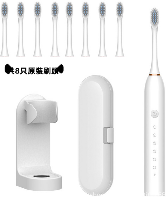 VANLUEE 智能聲波電動牙刷 成人情侶學生家用 軟毛, 1個, 8刷頭 1支架 1旅行盒 6檔, 白色（2008）