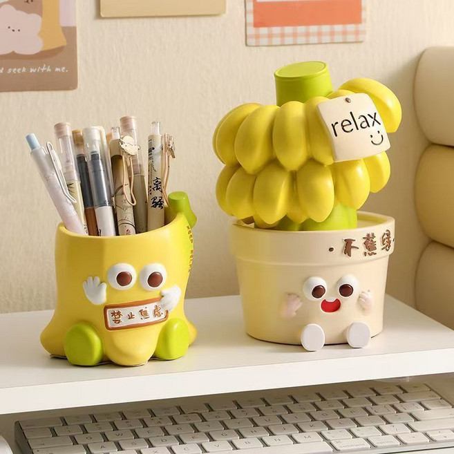 卡通樹脂擺件，緩解焦慮，輕鬆學習辦公裝飾，中考禮物，畢業禮物，送老師, 1個, 不焦慮擺件和筆筒一套