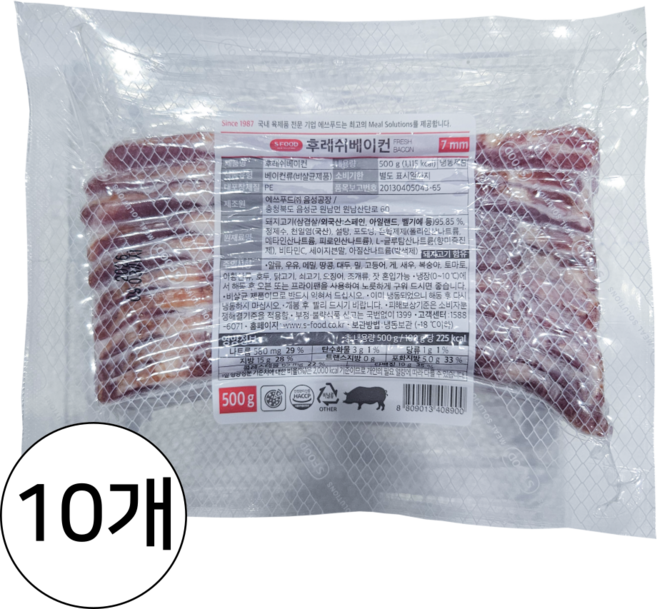 분이네 S 베이컨 7mm 500g (드라이) X10개 슬라이스 에쓰푸드, 10개