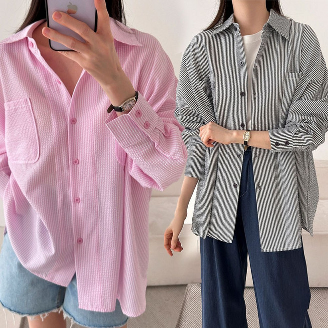보리맘 시어커서 오버핏 스트라이프 셔츠 임부복