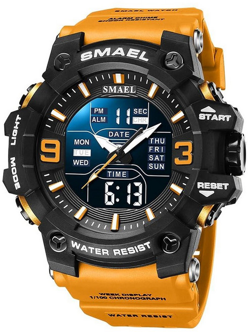 남성용 아날로그 디지털 야외 스포츠 시계 밀리터리 전술 다기능 시계 LED 전자 대형 듀얼 디스플레이 시계 군대 야광 방수 Wrsitwatch 주황색. 디지털