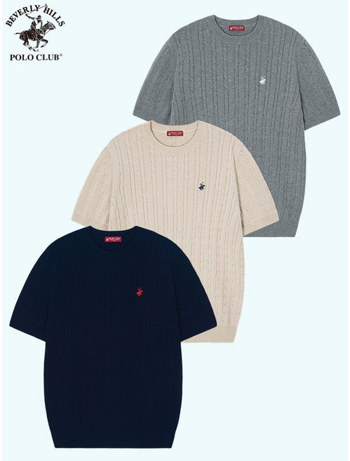 비버리힐즈폴로클럽 남여공용 자수로고 케이블 꽈배기 라운드넥 반팔 니트 3컬러