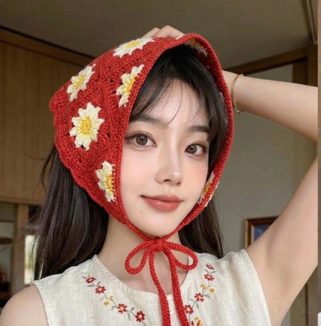 케이랜드 플라워 크로셰 보넷 니트 삼각 두건