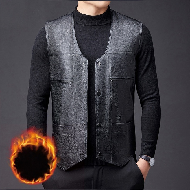 POMTOR 남성용 기모 가죽 조끼 겨울 두꺼운 보온 방한 베스트