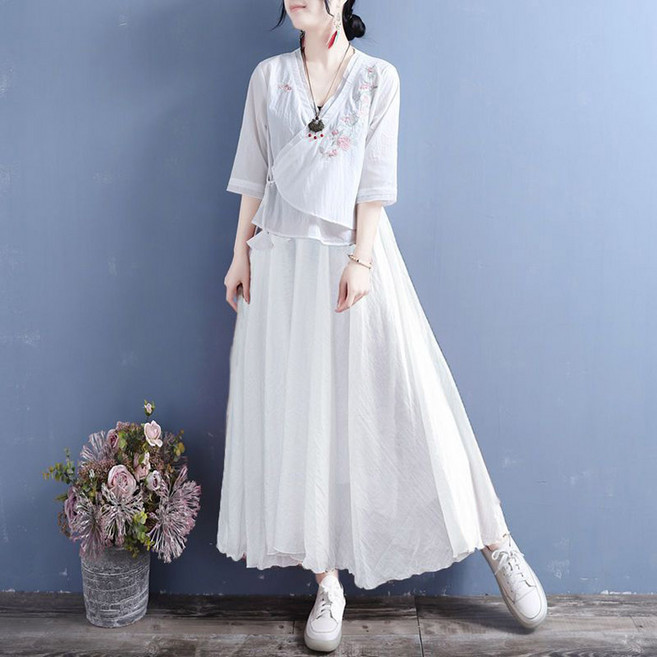 ORZQU 여름에스닉 여성 면 마 플라워 자수 저고리 +롱스커트 투피스 세트 개량한복 일상복 나들이룩