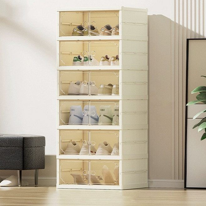폴딩형 투명 도어 신발정리함 이중 수납박스 다용도 선반형 조립 신발장, 6단, 화이트