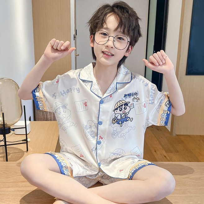 男童冰絲睡衣 夏季短袖家居服套裝, 1個, Q6638-小新 【冰絲短套】18碼【高143-150】70斤左右