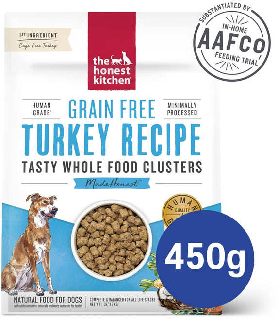 디어니스트키친 클러스터 그레인프리 터키 레시피 오븐베이크 부드러운 바삭한 맛있는 기호성좋은 강아지 사료, 1개, 450g