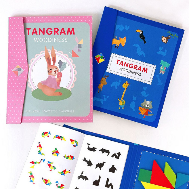 유아 자석 칠교 놀이 원목 교구 교재 도형 퍼즐 블럭 장난감, 핑크, 1개