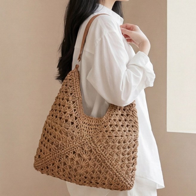 라뷰드 여성 여름 그물 라탄 숄더백 여자 여행 비치 피크닉 가방 숄더 밀짚 라탄백 베이직 데일리 가벼운 캐주얼 비치백