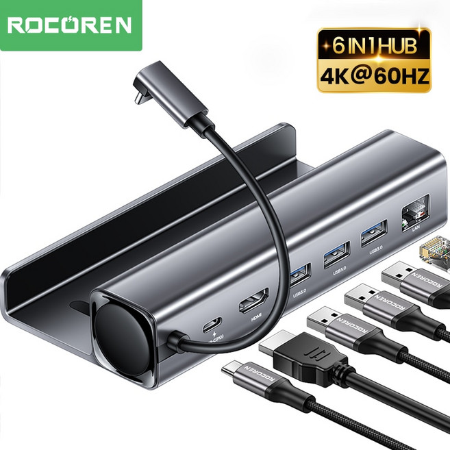 스팀덱 호환 액세서리 Rocoren 스팀 데크 도크 도킹 스테이션 6 in 1 허브 usb 유형 c-hdmi 호환 4k 60hz rj45 usb 3.0 steamdeck 충전, 1개