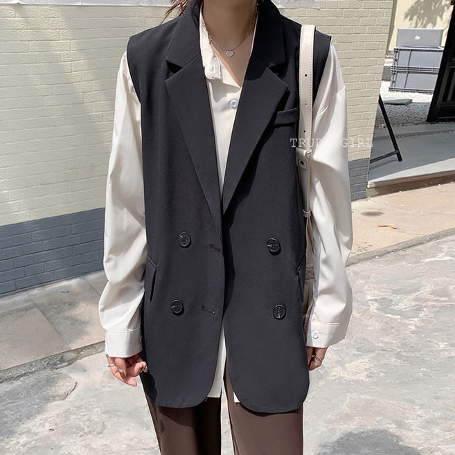 杜達女孩 翻領雙排釦長版西裝背心 黑色 卡其色