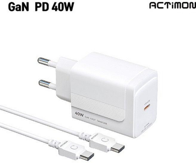 [TJCOMPANY] ACTiMON 엑티몬 GaN 지원 최대 PD PPS 40W C포트 가정용 고속 충전기 어댑터 MON-PD40W-T7 / CtoC 케이블포함, 1개, 화이트