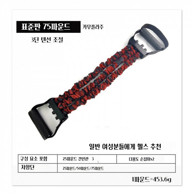 가정 운동 필수품! 삼관 텐션 로프 조절 가능한 가슴 확장 다기능 팔 근력기구 훈련 피트니스, 카모 레드, 1개