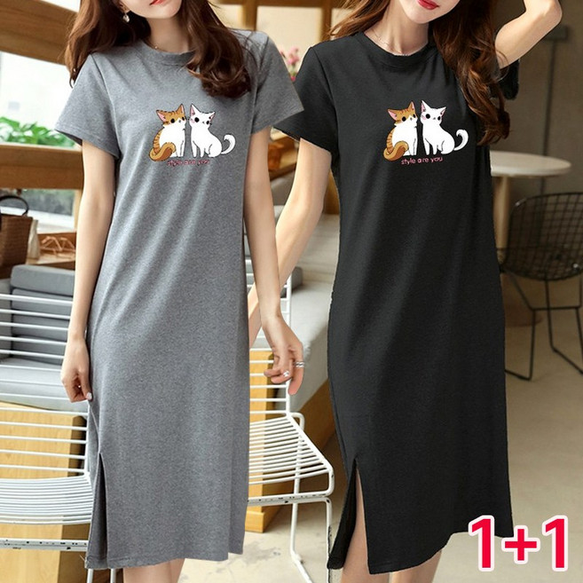 [1+1] 스타일아유 여성용 여름 귀여운 고양이프린트 빅사이즈 옆트임 롱 반팔 원피스 OP336A