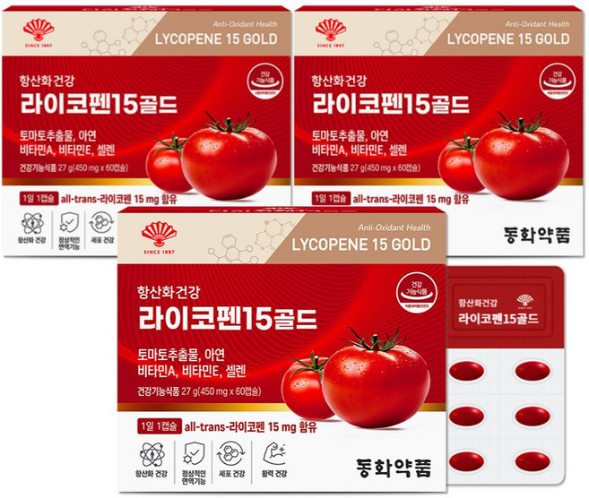 동화약품 항산화 건강 라이코펜 15 골드 고함량 토마토 추출물 리코펜, 3개, 60정