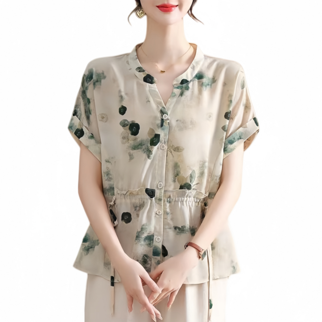 Makone 여성 반소매 플라워 프린트 프릴장식 스트링 조절 트랜드 엄마옷 심플 반팔 블라우스