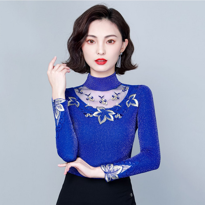 댄스복 상의 라인댄스복 스포츠댄스 여성용 레이스 자수 긴팔 망사 스판 티셔츠 뉴타임즈F905 Women's T-shirt