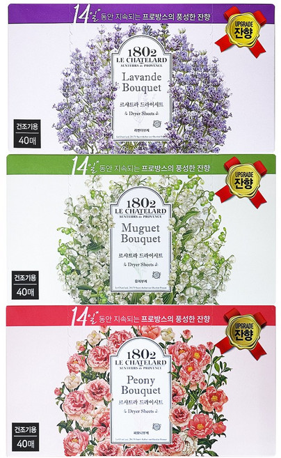 르샤트라 드라이시트 섬유유연제 피오니+라벤더+뮤게 3종 세트, 3세트, 40매, 360매