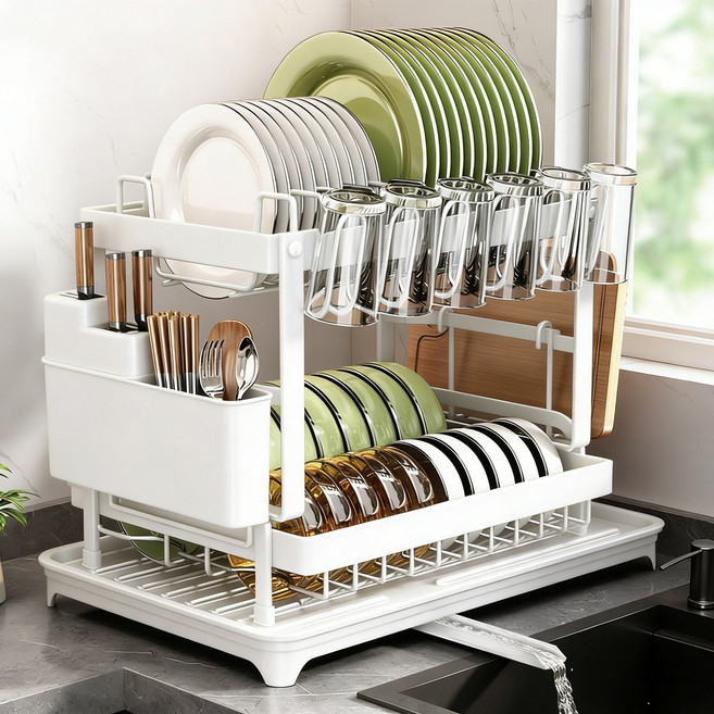 실속형 식기건조대 주방 물빠짐 그릇정리대 설거지 건조대, 1개, 흰색, 2단