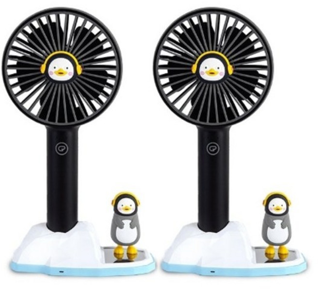 (1+1) 자이언트펭 펭수 데일리 스트랩 크래들 탁상용 휴대용 미니 선풍기, 블랙+블랙