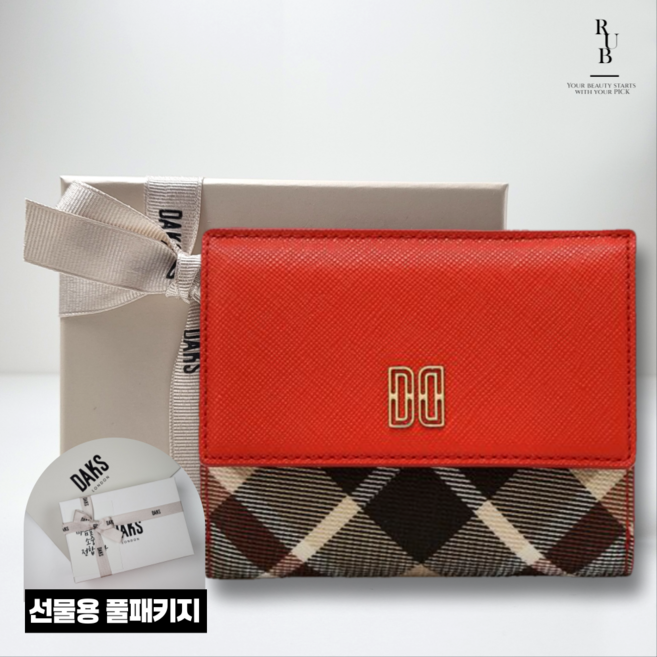 닥스 여성 레드 체크배색 소가죽 반지갑 선물용 풀패키지
