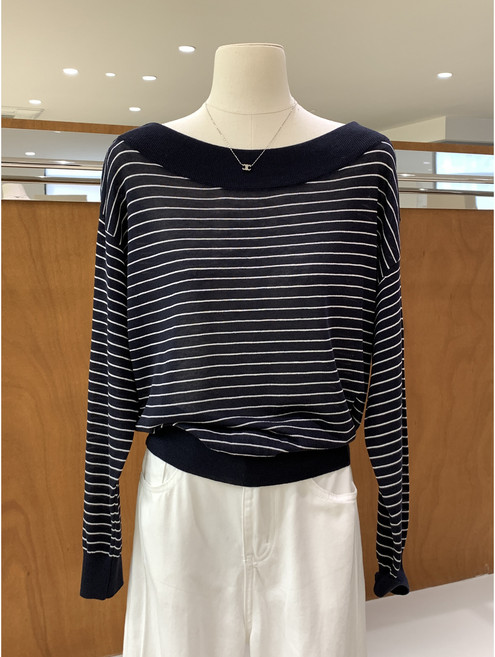 SONOVA 쏘노바 여성 린넨 텐셀 스트라이프 긴팔니트 봄 여름 보트넥 루즈핏 단가라 얇은 니트 티