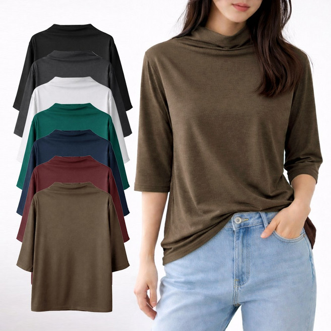 지오벤투 여성 7부 티셔츠 반목폴라 무지 터틀넥 칠부티