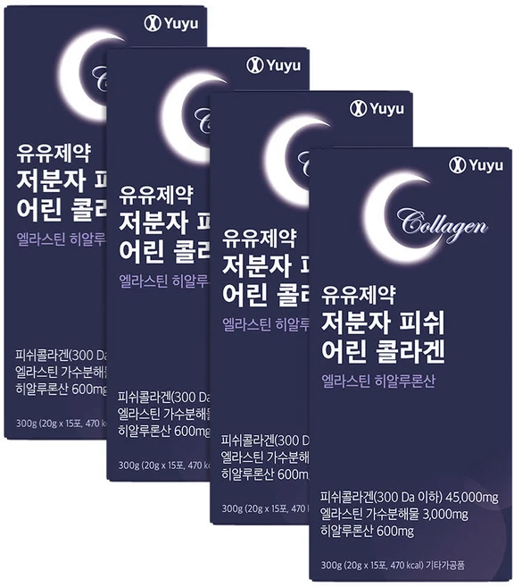 유유제약 저분자 피쉬 어린 콜라겐 엘라스틴 히알루론산 20g x 15포, 300g, 4개 - 쿠팡