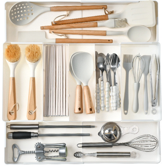 해피파워 길이 조절 확장형 수저 정리함 서랍 보관함, 1개, 화이트