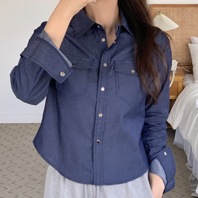 가영 여성 봄 슬림핏 청남방 데님 셔츠 세미크롭