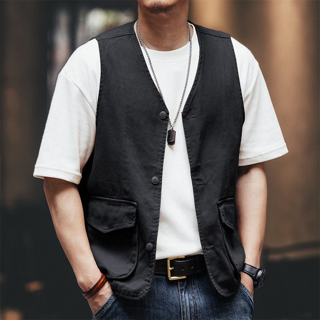 besteffie 남성 고급형 캐주얼 봄 여름 코튼 베스트 앞포켓 버튼 민소매 조끼 여름작업복 K97