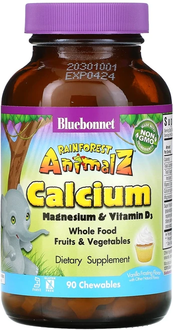 Bluebonnet Nutrition Rainforest Animalz 칼슘 마그네슘 및 비타민D3 천연 바닐라 프로스팅 맛 츄어블 90정, BluebonnetNutritionRainforestA, 1개 - 쿠팡