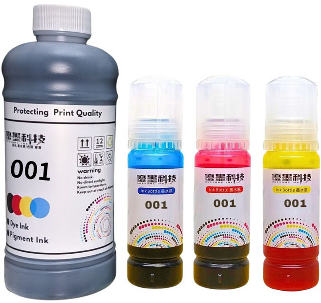 優墨科技 相容EPSON 001 L4150/L4260/L6170/L6190 贈送空瓶, 黑 防水500ml+紅青黃各 70ml, 1個