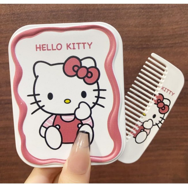 엘리야 2종1선택 헬로키티 짱구 휴대용 여행용 손거울 메이크업 미니 포켓 컴팩트 접이식 사각 거울 빗 세트, 1개, 캐릭터-키티