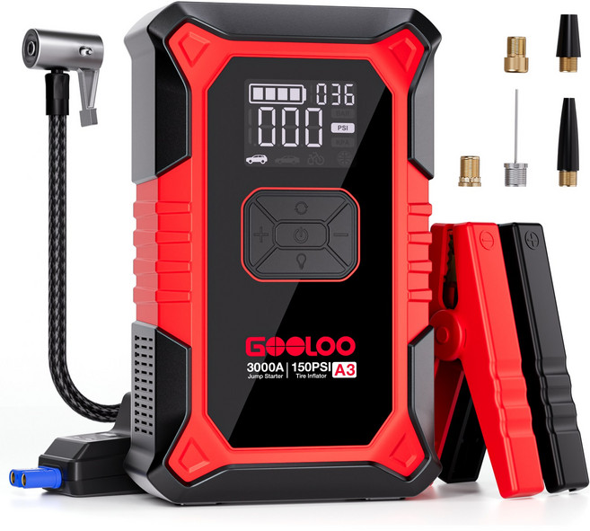 GOOLOO A3 3000A 점프스타터 올인원 에어점프 보조배터리 긴급시동 점프스타터+스마트 점프 케이블+ 파우치백 12000mAH, 블랙, 1세트