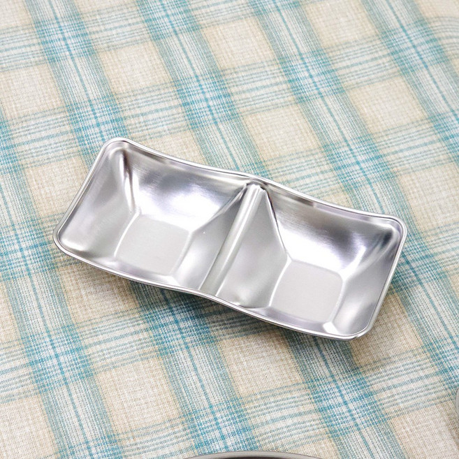 키친유 스텐 304 2구 소스 종지 그릇 간장 반찬 2칸 나눔 찬기 소스볼 초장기 마늘 양념 캠핑 식당 업소용, 1개, 실버