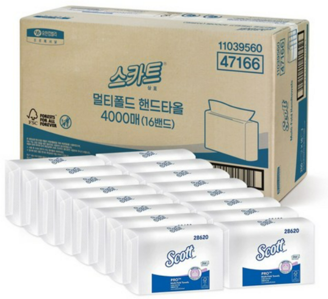 스카트 멀티폴드 핸드타올 4000매 개별위생포장, 250개입, 48개