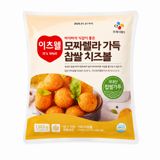 이츠웰 모짜렐라 가득 찹쌀 치즈볼, 1.02kg, 3개