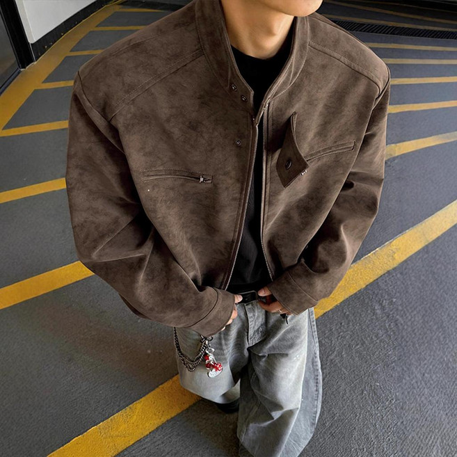 機車PU皮夾外套 男秋季寬鬆美式青少年短款皮衣