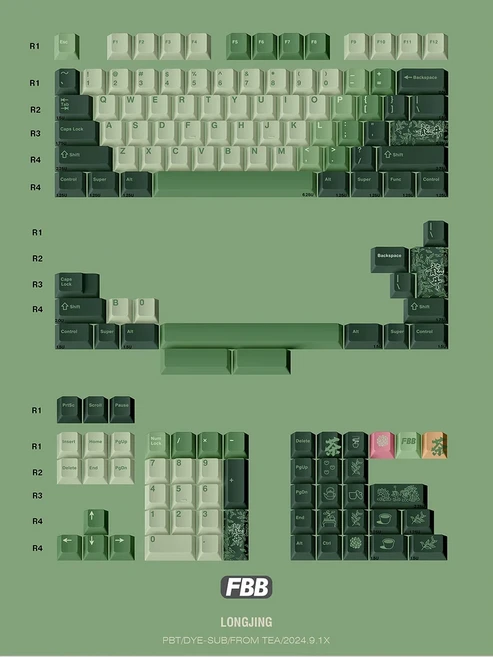 FBB 키캡 드래곤 웰 티 맞춤형 PBT 승화 1.7mm 두꺼운 그린 마그넷 샤프트 그라디언트 키보드, 01 Longjing Keycaps