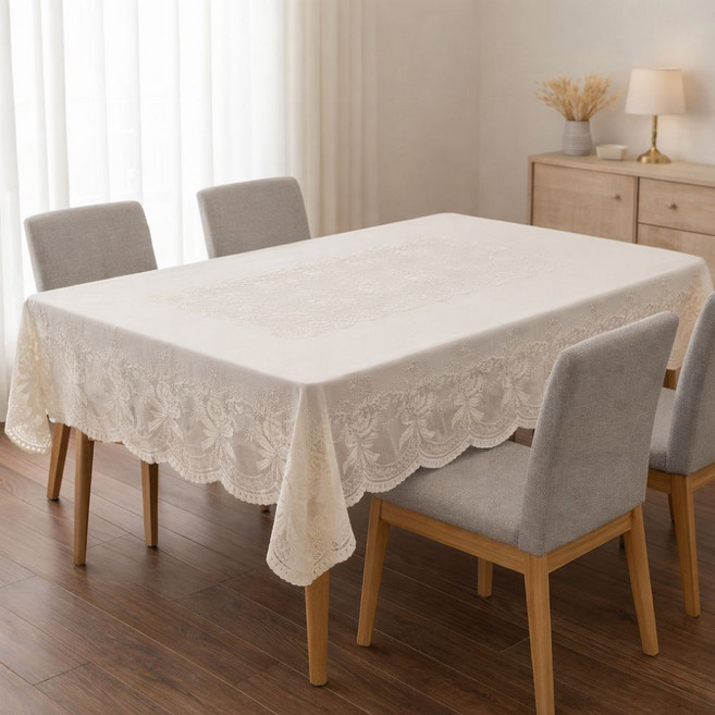 우노마스 방수 레이스 식탁보 4인 6인 테이블보, 1개, 4인용 160.5*110.5cm, 화이트