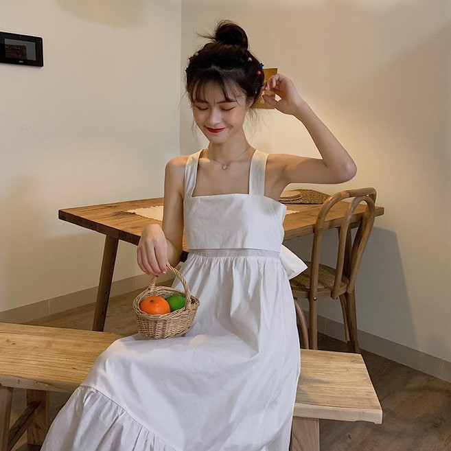 春夏韓版女裝蝴蝶結中長款過膝連衣裙, 白色,M