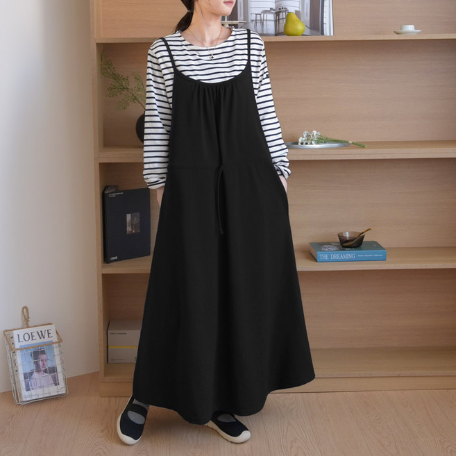 데일리앤 큐비 봄 끈나시 플레어 뷔스티에 레이어드 롱 원피스 오버핏