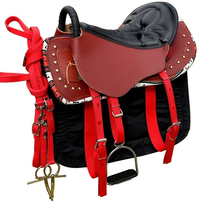 가죽 말안장 세트 승마용 소가죽 안장 전문가용, 1개, 브라운인조가죽레드스트라이프중대형