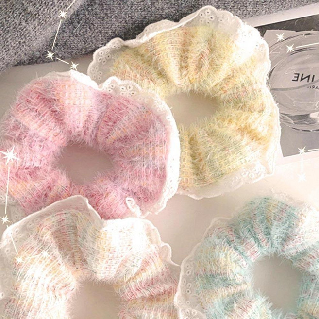 니트 스크런치 겨울 파스텔 앙고라 털 머리끈 따뜻한