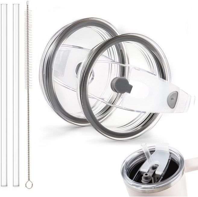 LJL [1+1]스탠리 텀블러 뚜껑 1180ml/887ml/591ml 호환 플립 빨대 디자인 교체용- 빨대 포함, 그레이, 1세트, 591ml