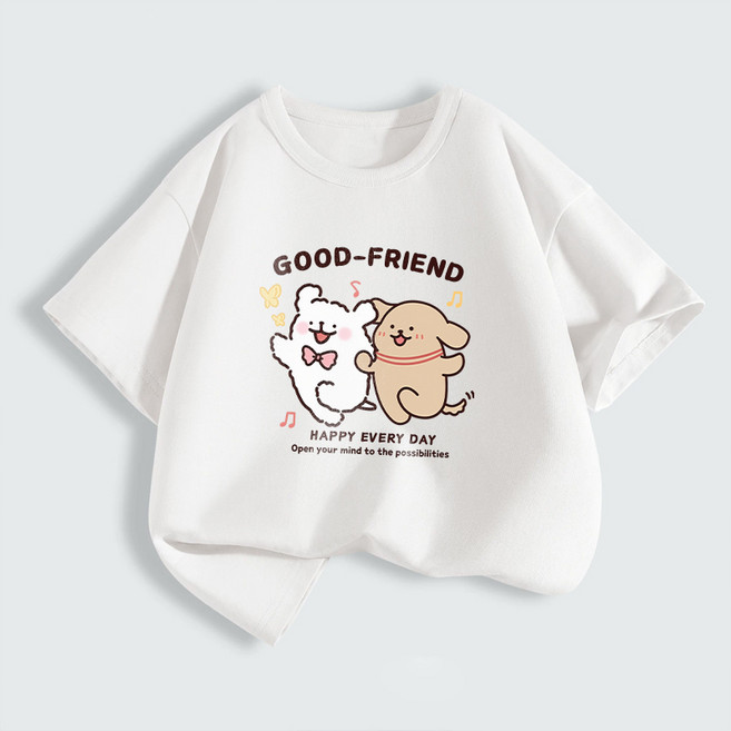 FONOW 순면100%아동티셔츠귀여운카피바라배색아동복편하고통기성이좋은여름캐주얼라운드반팔티캐릭터즐거운곰돌이강아지 가족티
