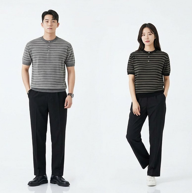 남성 여름 스트라이프 티셔츠 라운드넥 반팔 니트 티셔츠 (단추포함) 3color